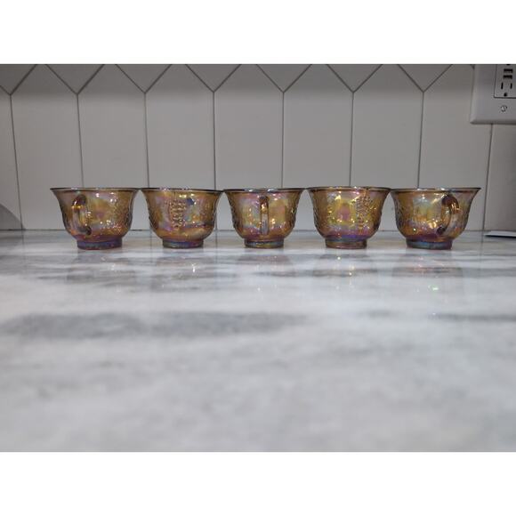 Harvest Grape Carnival Glass Punch Cups, Set of 9 Vintage Indiana Marigold Cups - Picture 4 of 11
